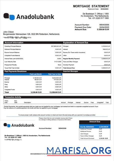 Downloadable Netherlands Anadolubank Nederland mortgage statement Word and PDF template